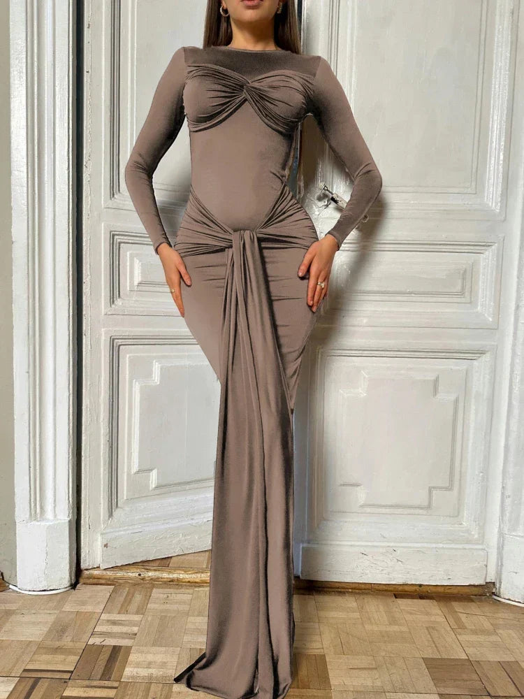 Long Sleeve Pleated Draped Maxi Dress Mssaz Desses