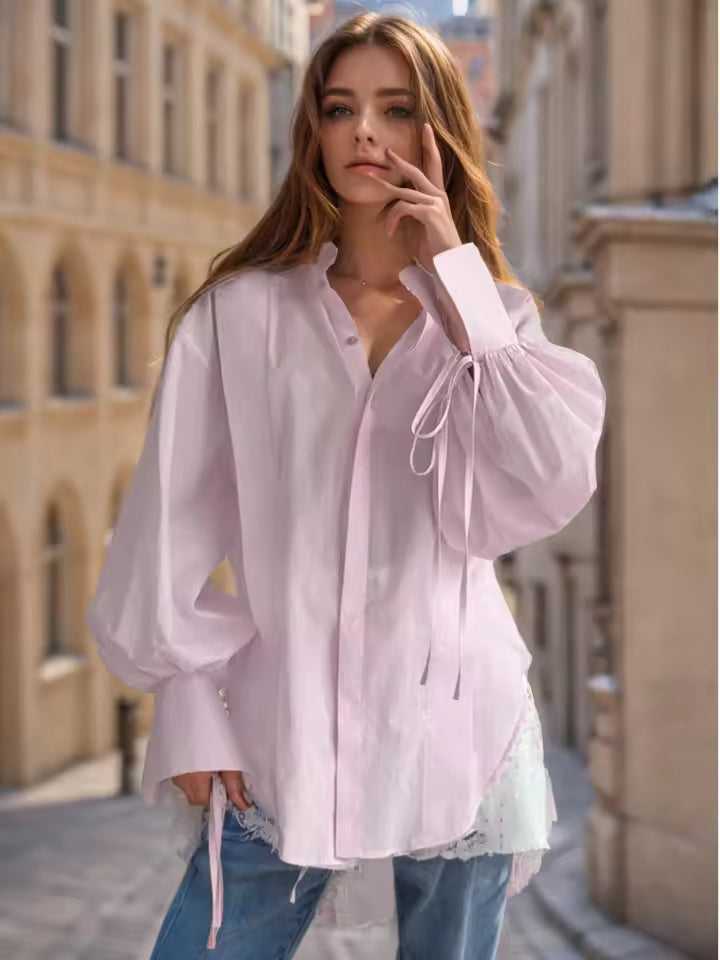 Elegant Cotton Casual Lapel Long Sleeve Classic Lace-Up Top Designer Shirt Mssza