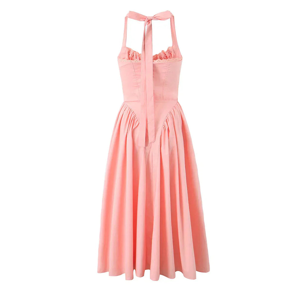 Corset Style Bow Halter Spliced Lace Midi Dress Mssaz Desses