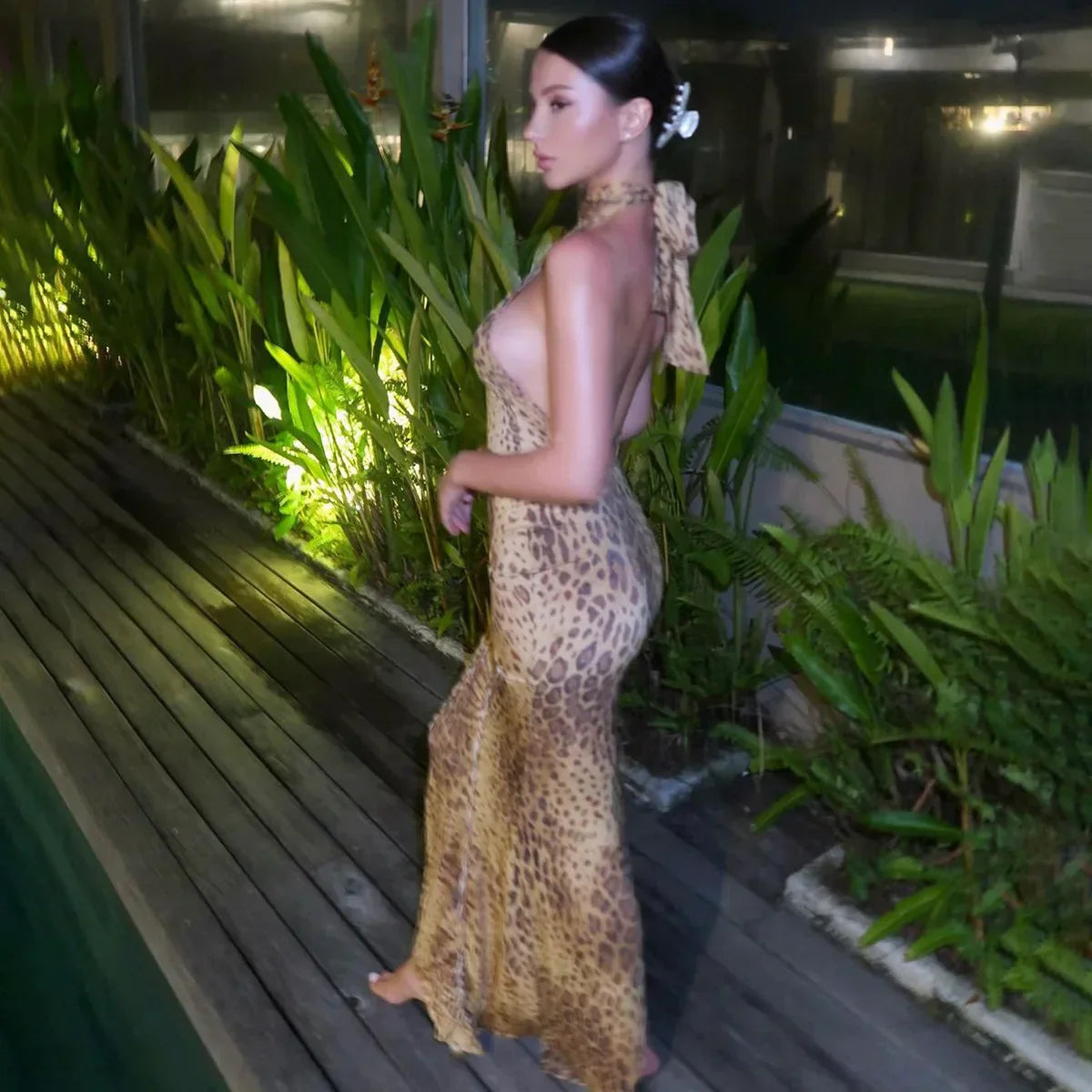 Halter Leopard Embellished Long Dress Mssaz Desses