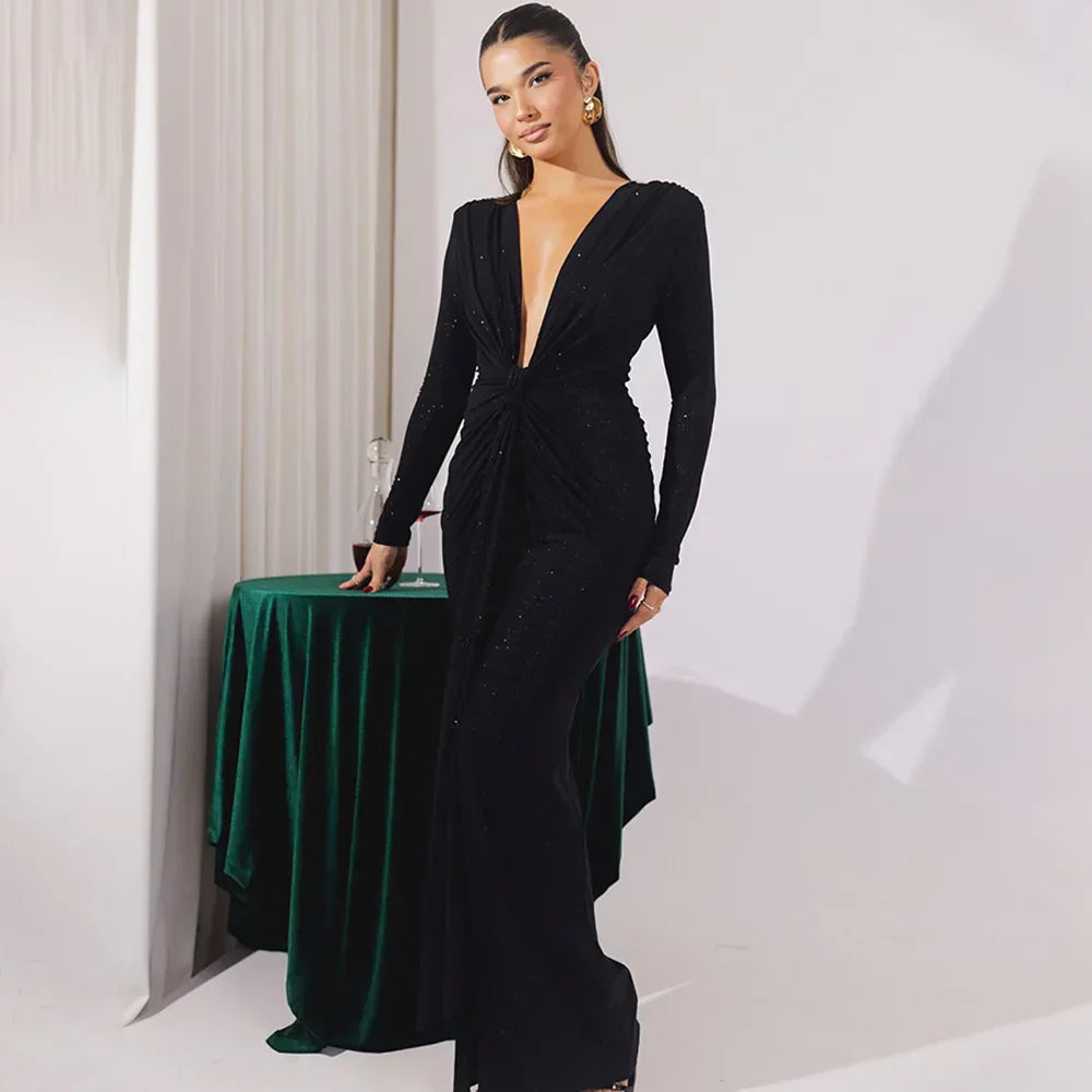 Elastic Deep V-Fold Lace Maxi Dress Mssaz Desses