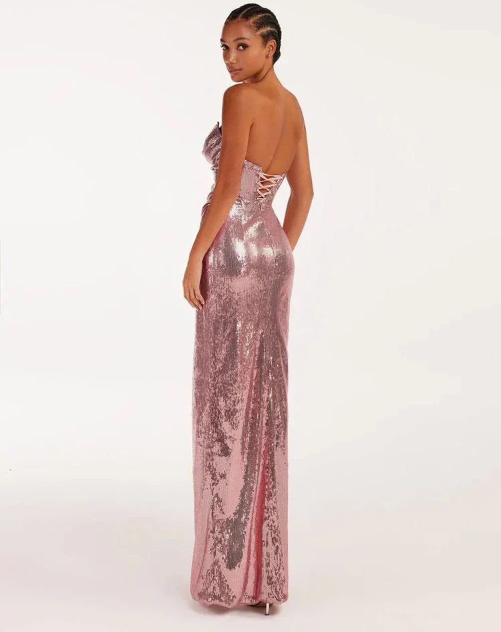 Sequined Strapless Slit Lace Up Ankle Length Dress Mssaz Desses