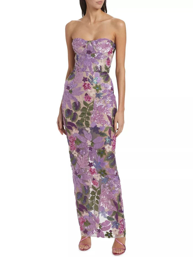 Floral-Embellished Sequin Lavender Ankle Length Dress Mssaz Desses
