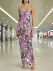 Sequin Floral-Embellished Lavender Strapless Dress Mssaz Desses