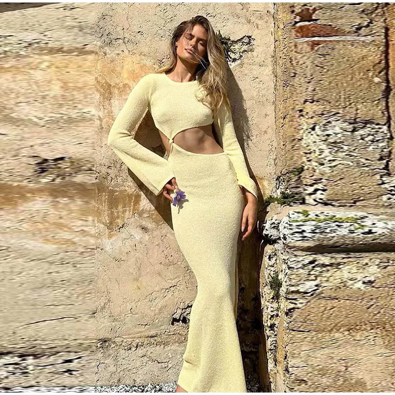 Knitted Hollow Out Solid O-neck Slit Maxi Dress Mssaz Desses