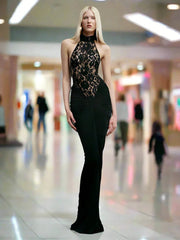 Halter Neck Lace Patchwork Black Maxi Dress Mssaz Desses