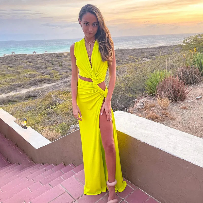Deep V Cut Out Slit Asymmetrical Long Dress Mssaz Desses