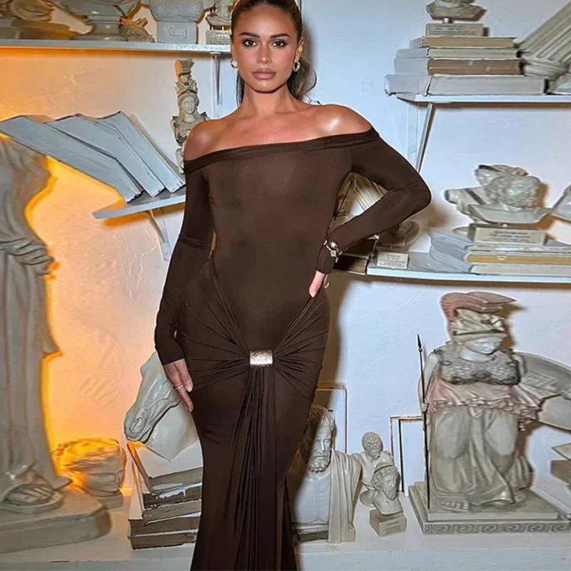 Off The Shoulder Pleated Full Sleeve Dress Mssaz Desses