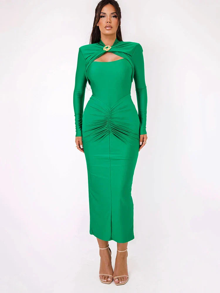 Long Sleeved Pleated Hollowed Out Maxi Dress Mssaz Desses