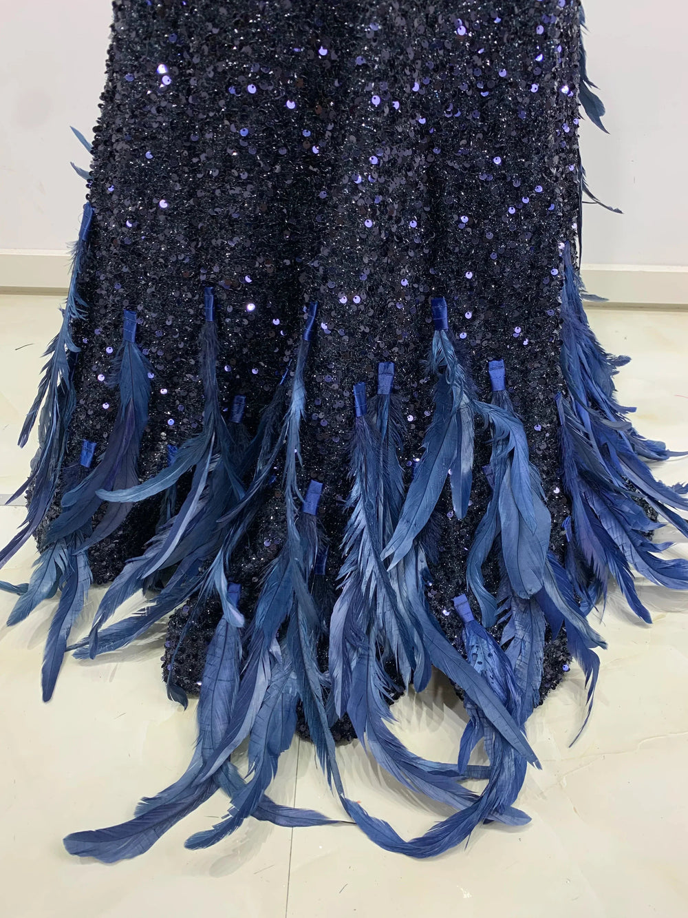 Mesh Sequins Blue Feather Long Dress Mssaz Desses
