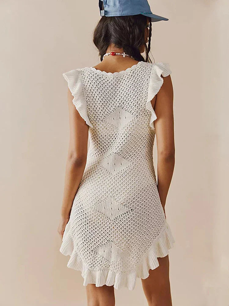 Ruffled Crochet Hollow Out Knit Beach Mini Dress Mssaz Desses