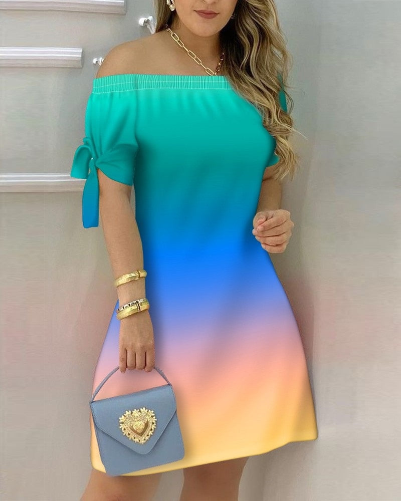 Off Shoulder  Mini Dress Short Sleeve Bow Tie Striped Plaid Floral Vestidos Mssaz Desses