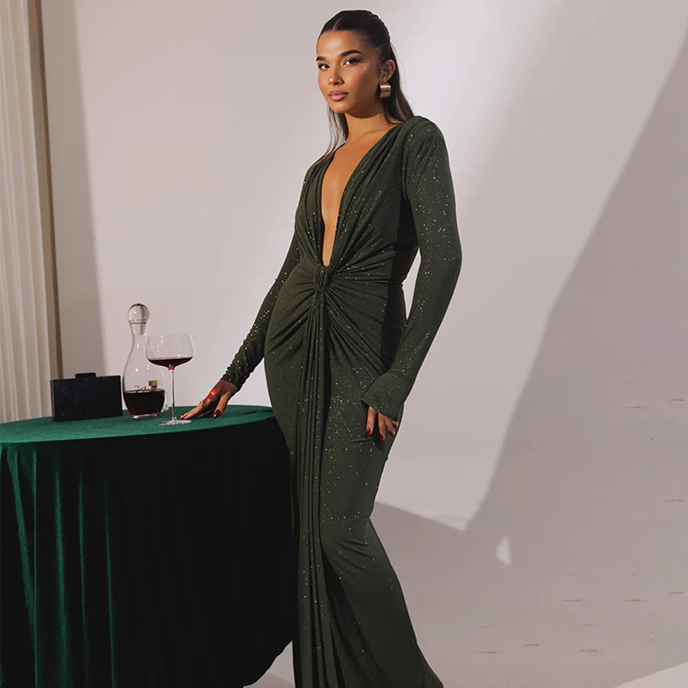 Elastic Deep V-Fold Lace Maxi Dress Mssaz Desses