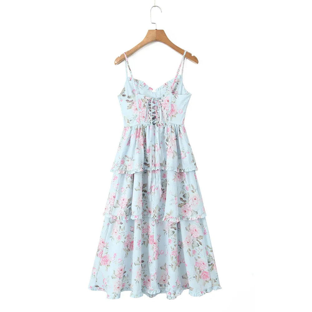 Print Cross Lacing up Back Slit Midi Dress Mssaz Desses