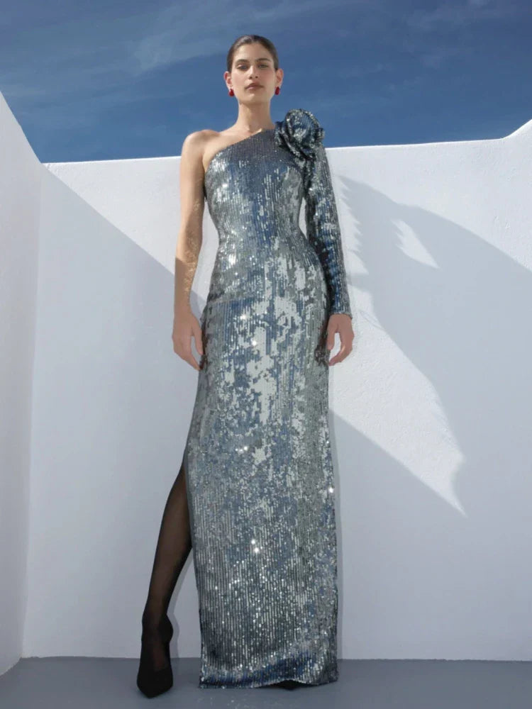 One Shoulder 3D Flower Sequin Dress Mssaz Desses