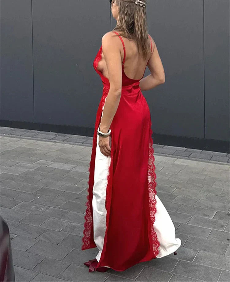 Lace Satin Patchwork High Split Maxi Dress Mssaz Desses