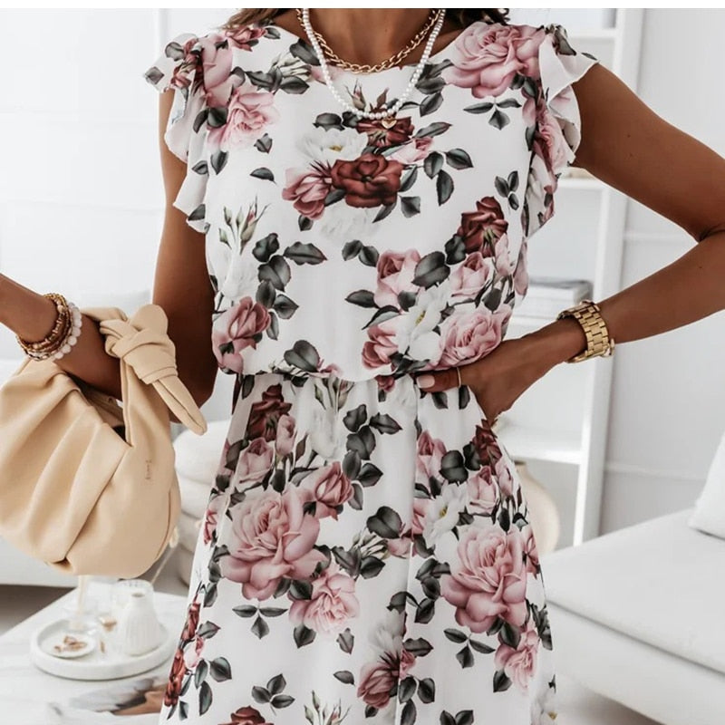 Chiffon Sleeveless Ruffles Floral Print Beach Dress Mssaz Desses