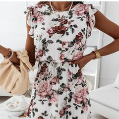 Chiffon Sleeveless Ruffles Floral Print Beach Dress Mssaz Desses