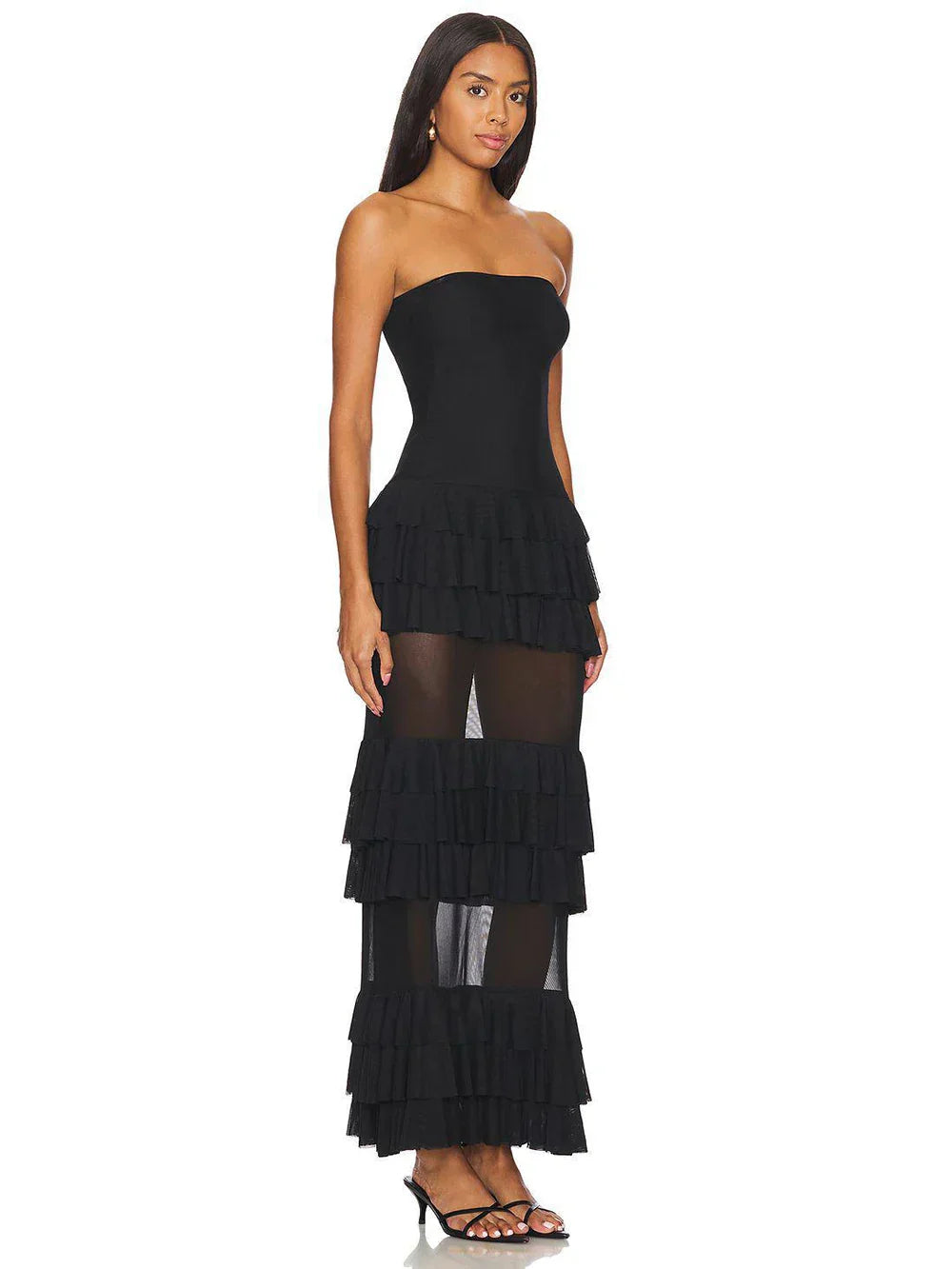 Strapless Mesh Patchwork Ruffle Dress Mssaz Desses