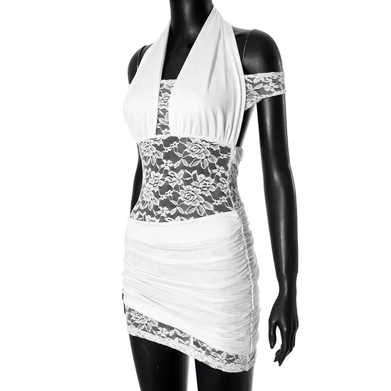 Halter Off the shoulder White Lace Mini Dress Mssaz Desses