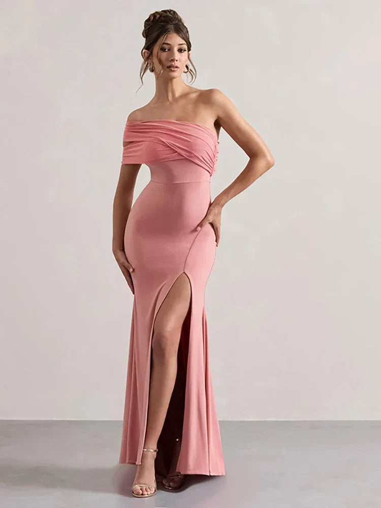 Solid One Shoulder Mesh Slit Long Dress Mssaz Desses