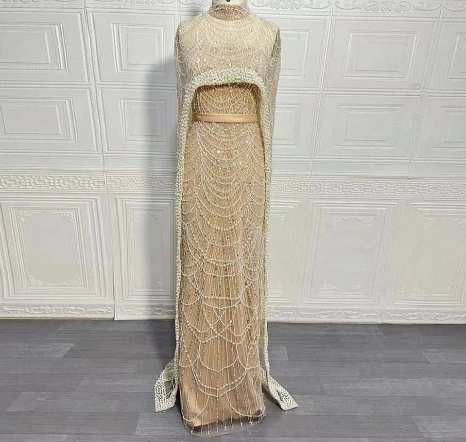 Pearls Mermaid Wedding Party Prom Dresses With Cape Mssaz Desses