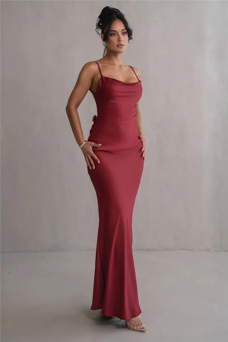 3D Flower Draped Open Back Maxi Dress Mssaz Desses