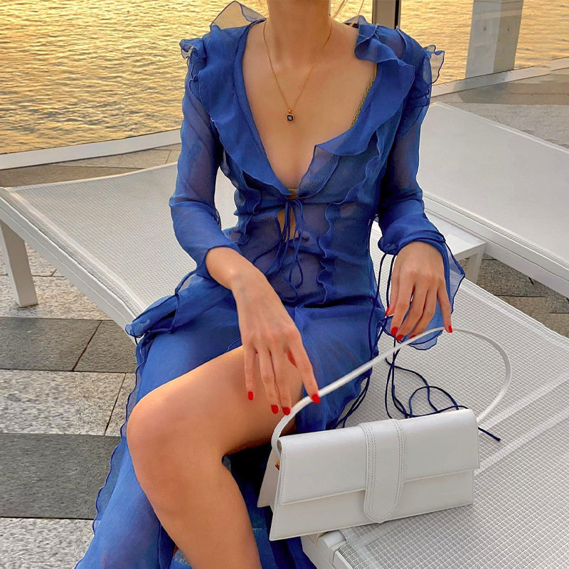 V neck Perspective Ruffle Drawstring Tight Maxi Dresses Mssaz Desses