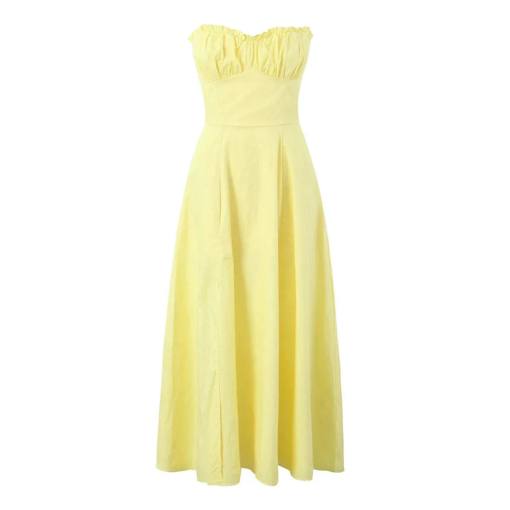 Yellow Slit Midi Dress and Cross Lacing up Top Set Mssaz Desses