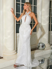 Mesh Sequin Floor Length White Mermaid Dress Mssaz Desses
