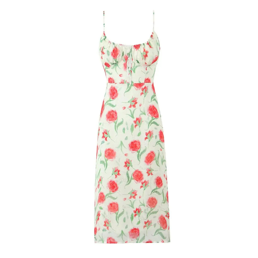 Large Flowers Elastic Buttons Midi Dress Mssaz Desses