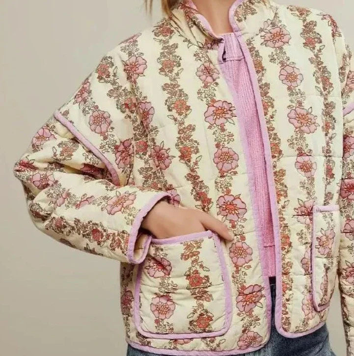 Pink Flower Print Stand neck Quilted Jacket Mssaz Desses