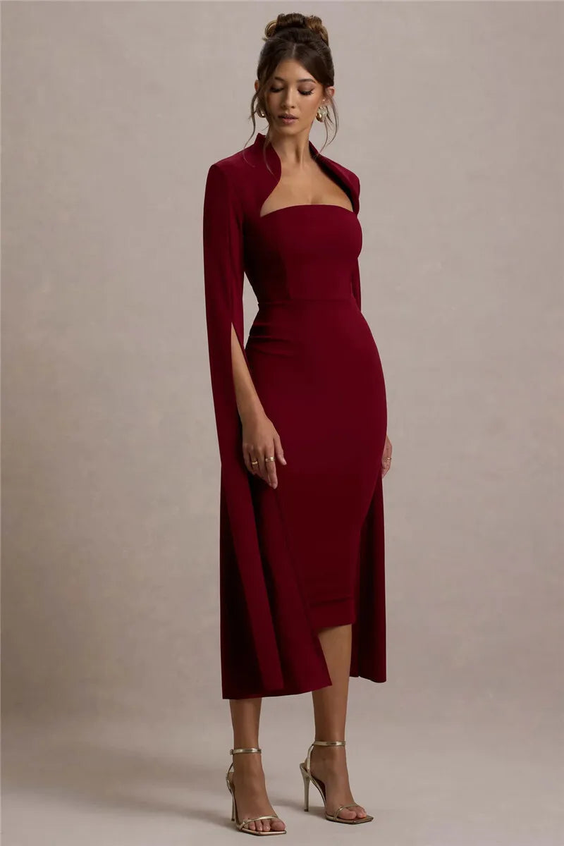 Cape Long Sleeve Square Collar Midi Dress Mssaz Desses
