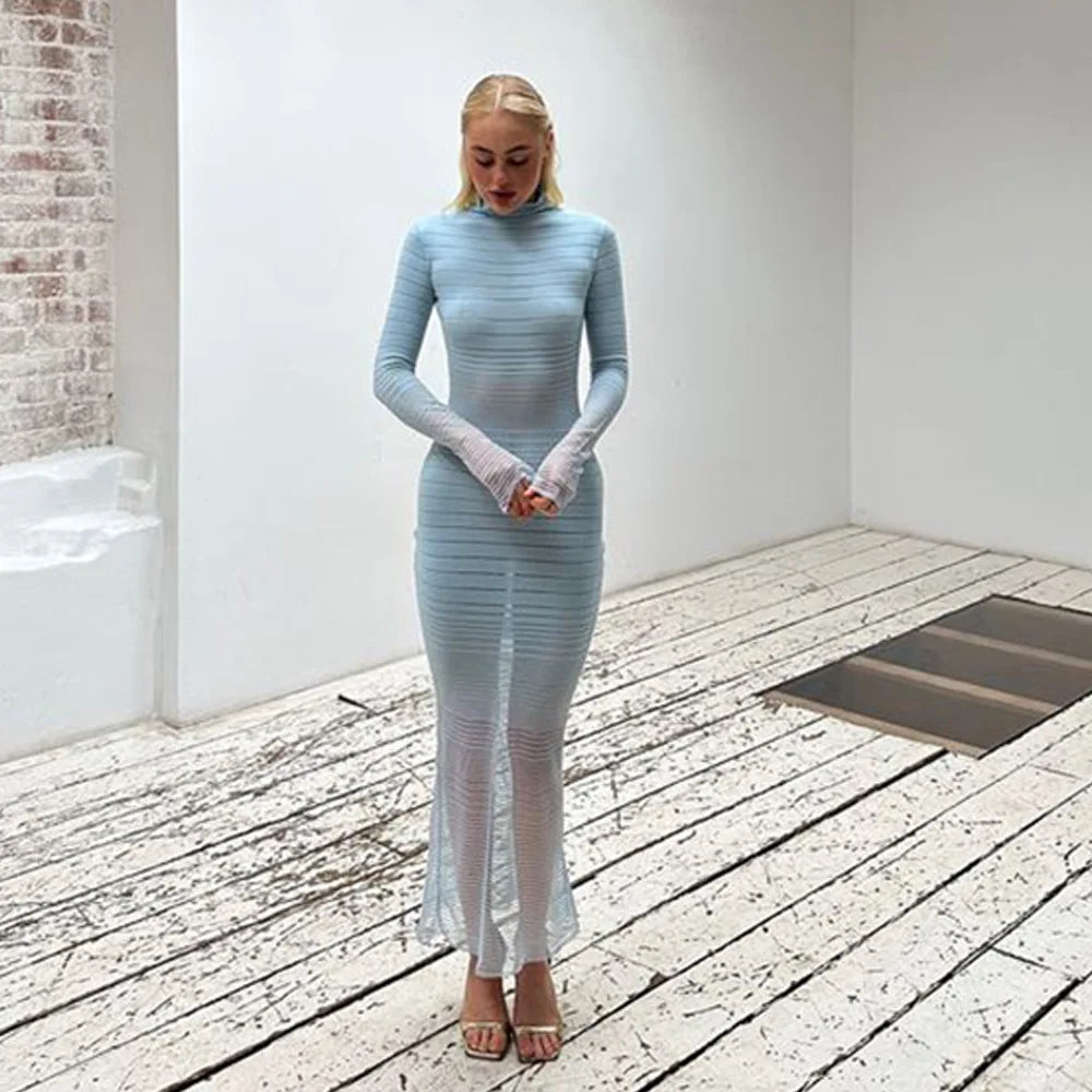 Striped Knitted Half High Collar Dress Mssaz Desses