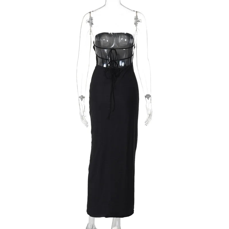Black Tube Flower Print Back Tie Up Maxi Dress Mssaz Desses