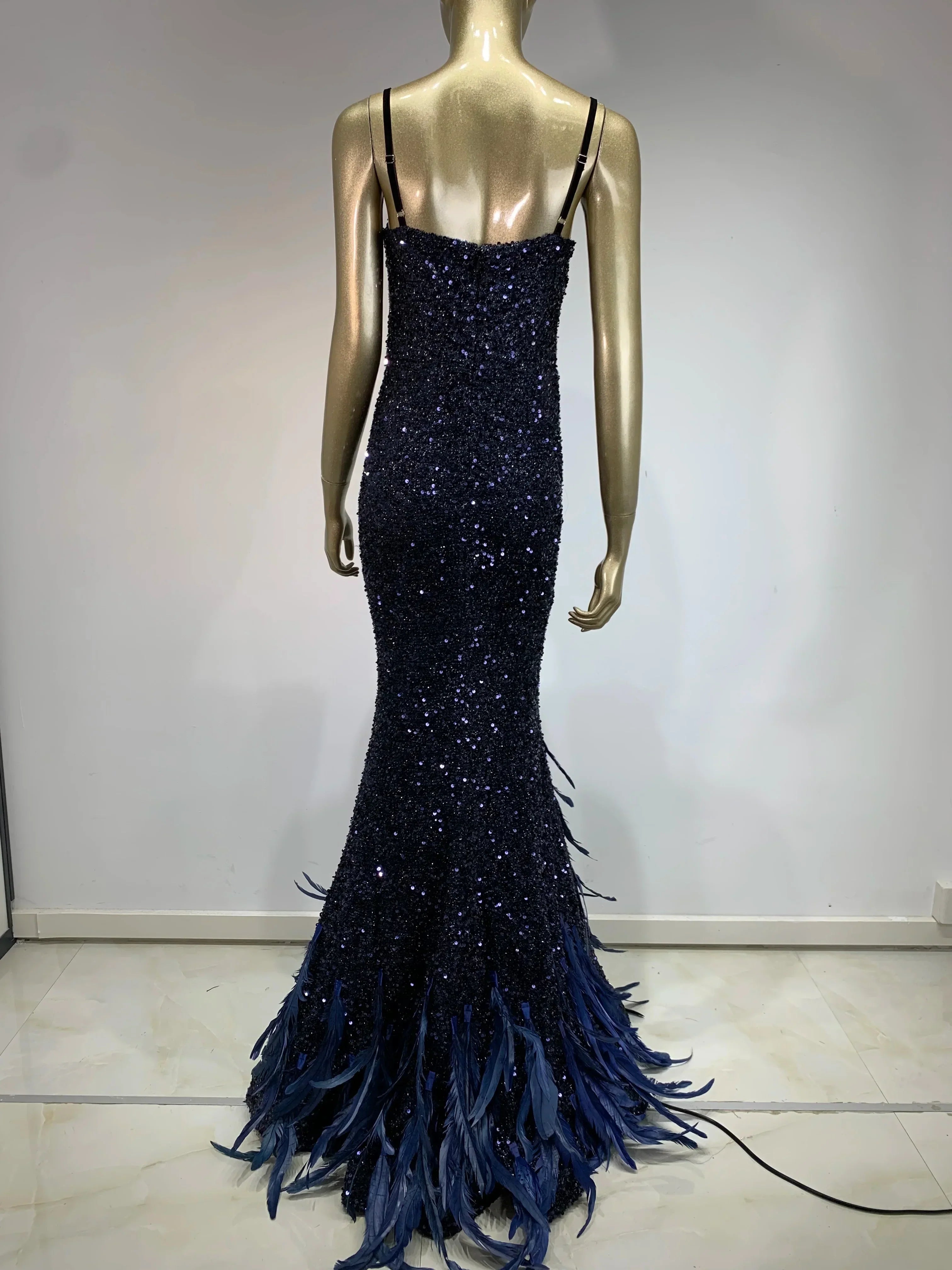 Mesh Sequins Blue Feather Long Dress Mssaz Desses