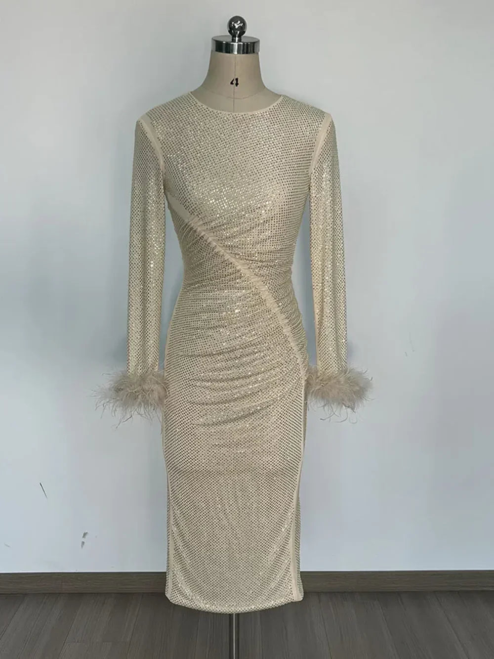Long Sleeve Feathers Rhinestone Midi Dress Mssaz Desses
