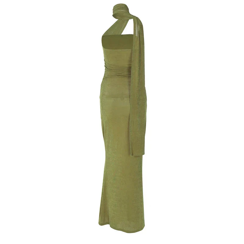 Halter Green Off-shoulder Backless Long Dress Mssaz Desses