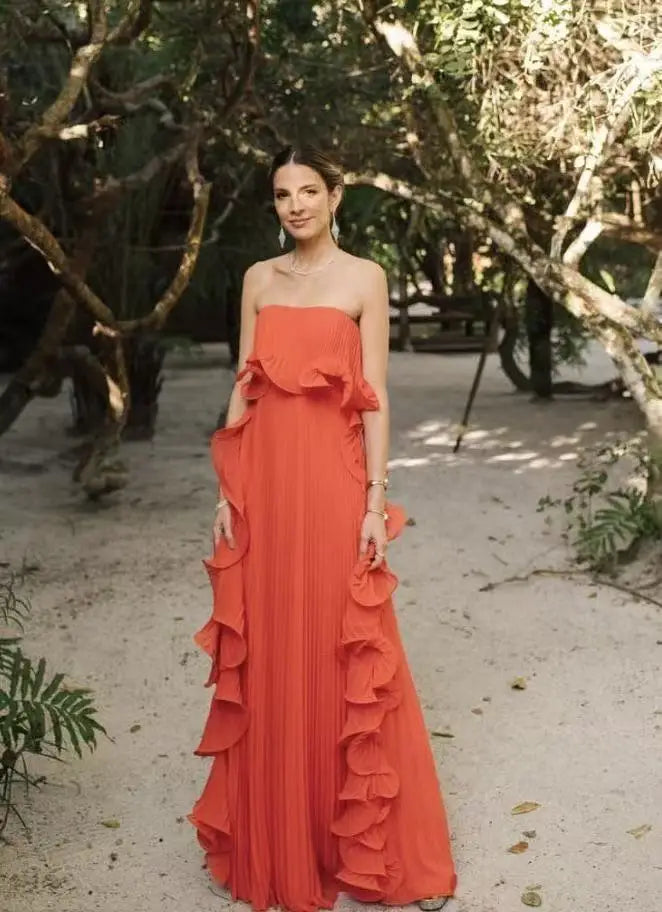 Pleated Chiffon Long Ruffled Strapless Dress Mssaz Desses