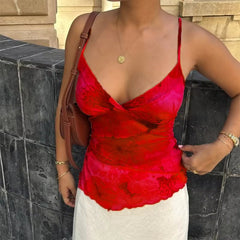 Tie Dye Print Camisole Boho Backless Pattern V Neck Tank Tops Mssza