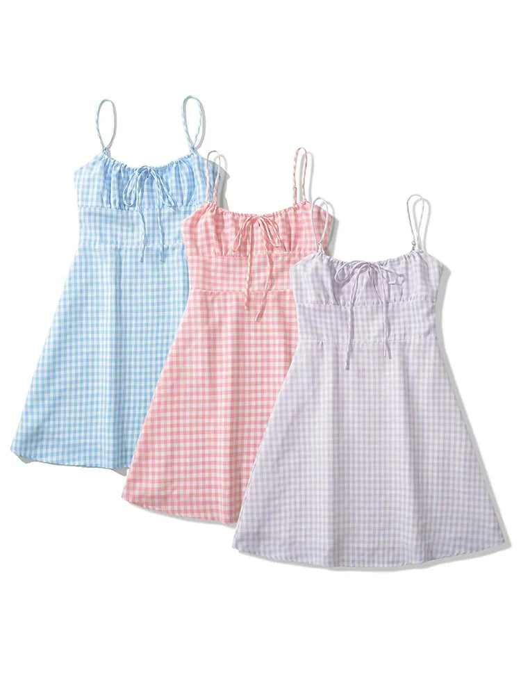 Spaghetti Strap Tie Up Plaid Pink Midi Dress Mssaz Desses