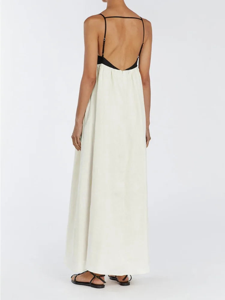 Contrast Color Block Open Back Long Dress Mssaz Desses