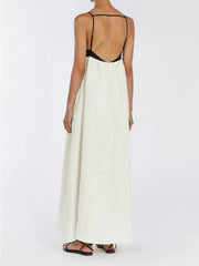 Contrast Color Block Open Back Long Dress Mssaz Desses