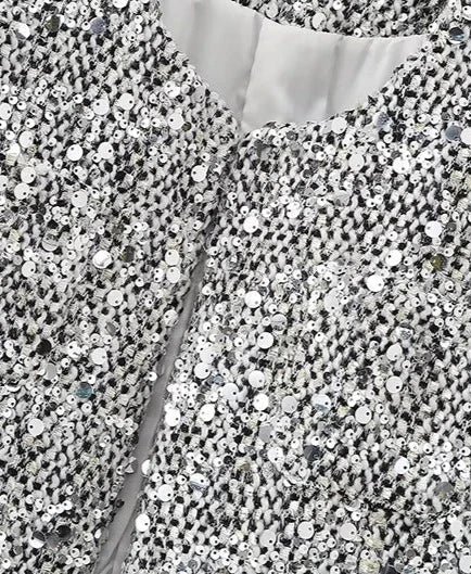 Silver Sequin Embellished Round Neck Short Coat Mssaz Desses