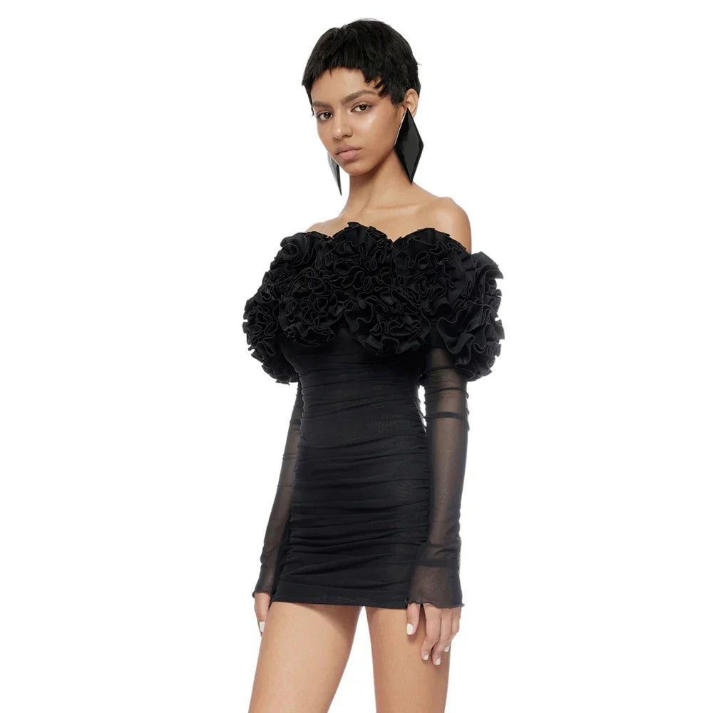 Black Mesh Full Sleeve Ruffles Mini Dress Mssaz Desses