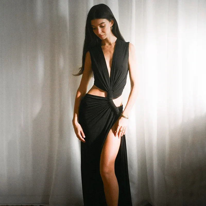 Deep V Cut Out Slit Asymmetrical Long Dress Mssaz Desses