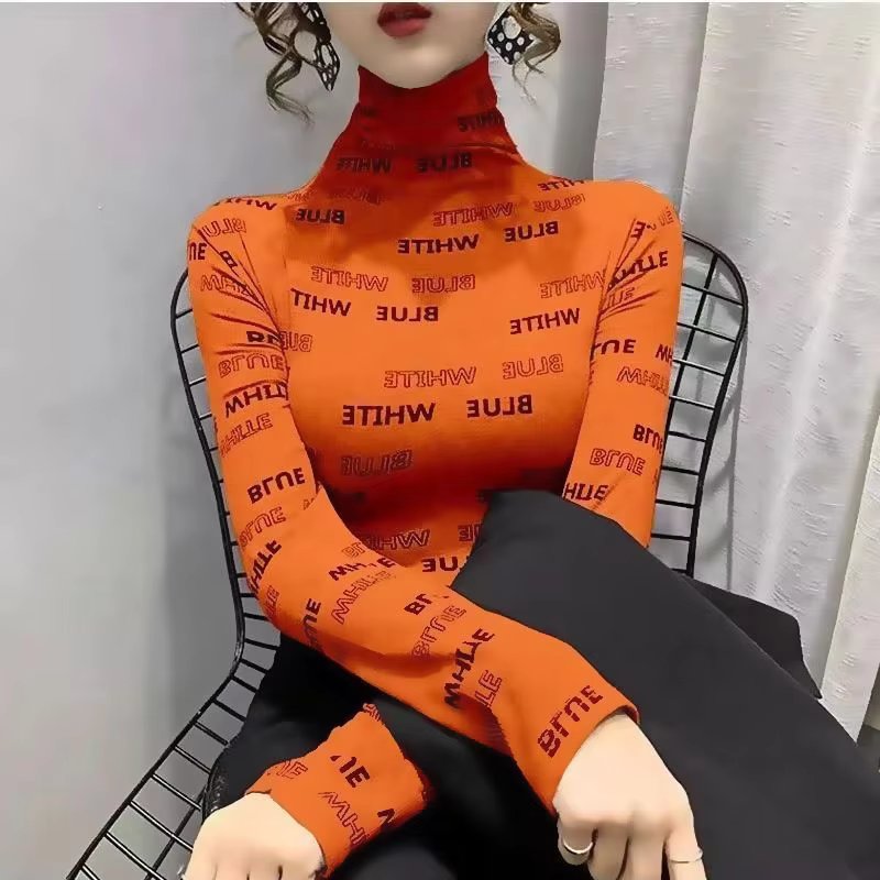 Elegant Half High Neck Pullover Letter Long Sleeve Slim Fit T-shirt Tops Mssza