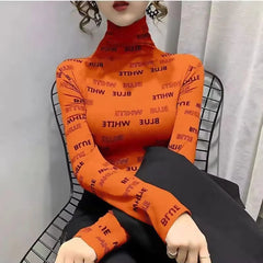 Elegant Half High Neck Pullover Letter Long Sleeve Slim Fit T-shirt Tops Mssza