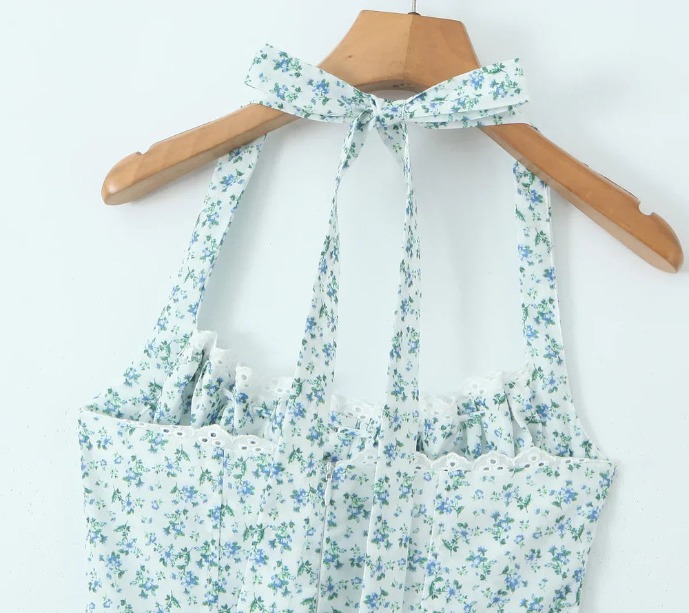 Floral Bow Halter Neck Lacing Up Midi Dress Mssaz Desses