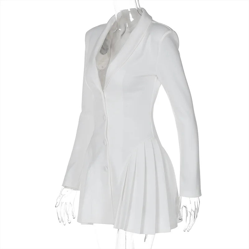 Plunging Neckline Pleated & Buttoned Blazer Dress Mssaz Desses